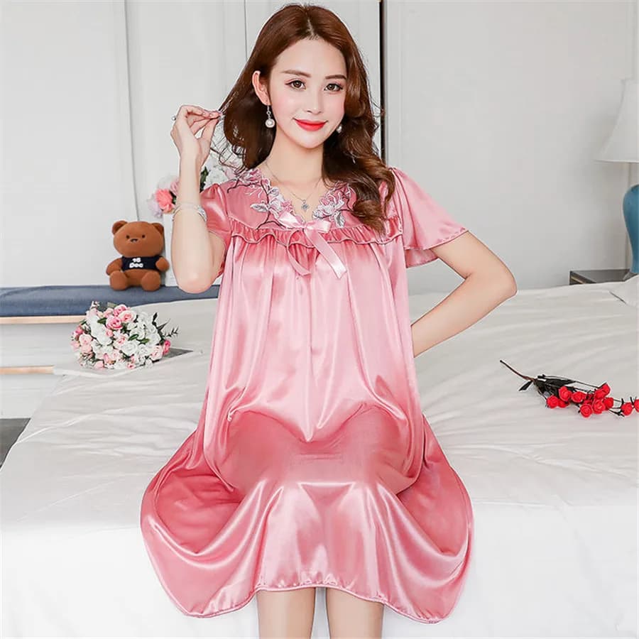 NEW Summer Ice Silk Nightgown Female Home Service Loose Plus size Comfort Imitation Silk Sexy Pregnant Woman Nightdress