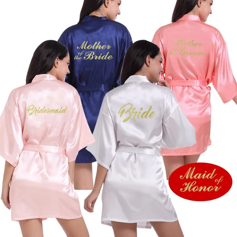 RB91 Fashion Silk Bride of Mother Robe with Gold Letter Sexy Women Short Satin Wedding Kimono Sleepwear Get Ready Robes