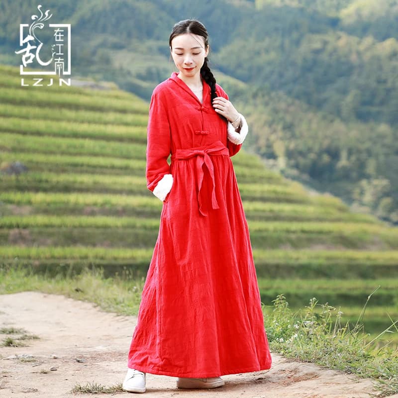 LZJN-Red Maxi Winter Dress, Long Sleeve, V-Neck, Pleated Waist Belt, Vintage Robe, A Line Ethnic,Chinese Warm Black Fleece Dress