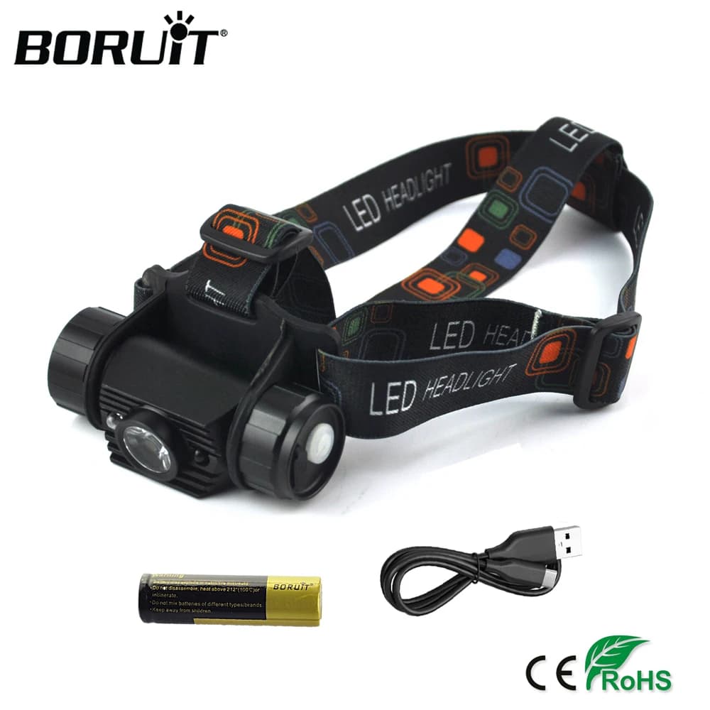 BORUiT Motion Sensor LED Mini Headlamp Powerful Type-C Rechargeable Headlight Waterproof Head Torch Fishing Hunting Lantern