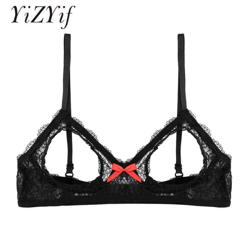 YiZYiF Women Lingerie Lace Bra Open Breast Bralette Floral Open Cup Triangle Bralette Wire-free Unlined Bra Top Sexy Lace Bra