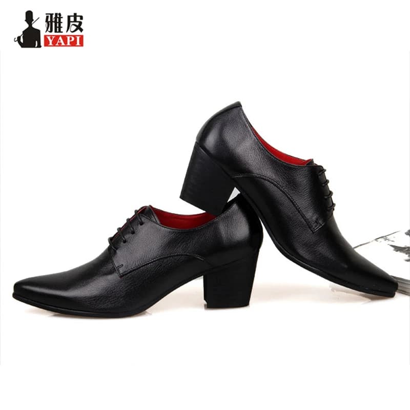 Men's Genuine Leather Lace Up Height Increasing Shoes Designer Pointed Toe High Heel Oxford Man