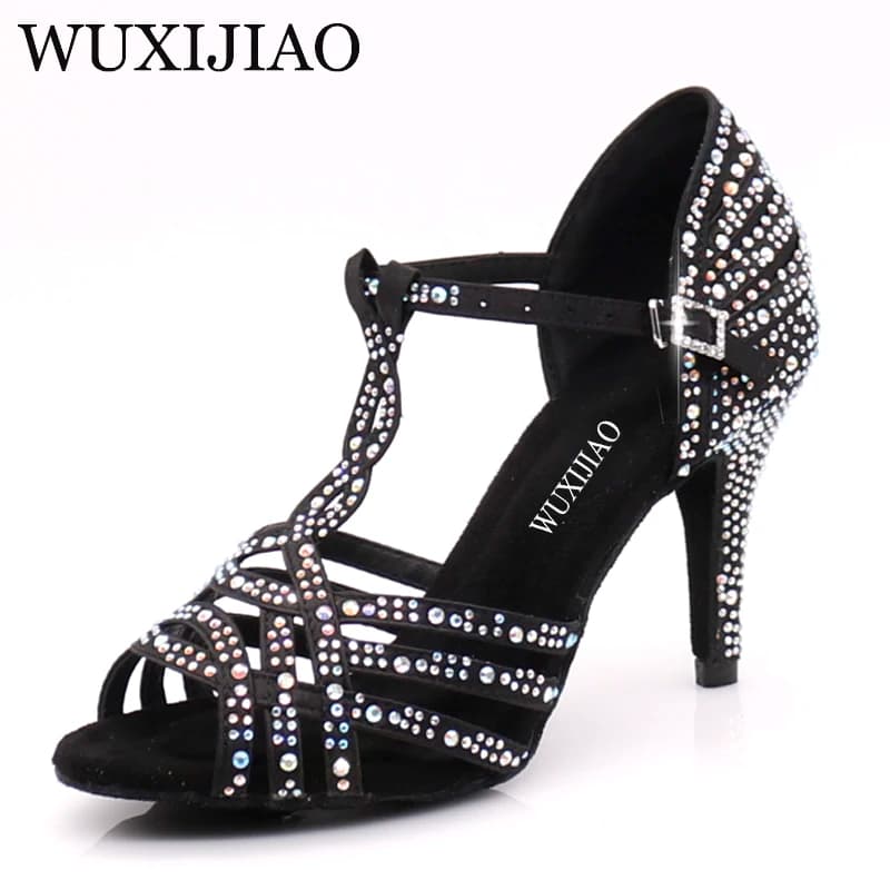 WUXIJIAO Women Party Dance Shoes Satin Shining rhinestones Soft Bottom Latin Dance Shoes Woman Salsa Dance Shoes heel5CM-10CM
