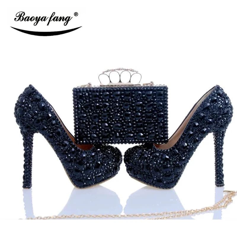Luxury Black cyrstal wedding shoes with matching bags woman fashion Diamonds shoes High heels Womens Platform shoes Plus size