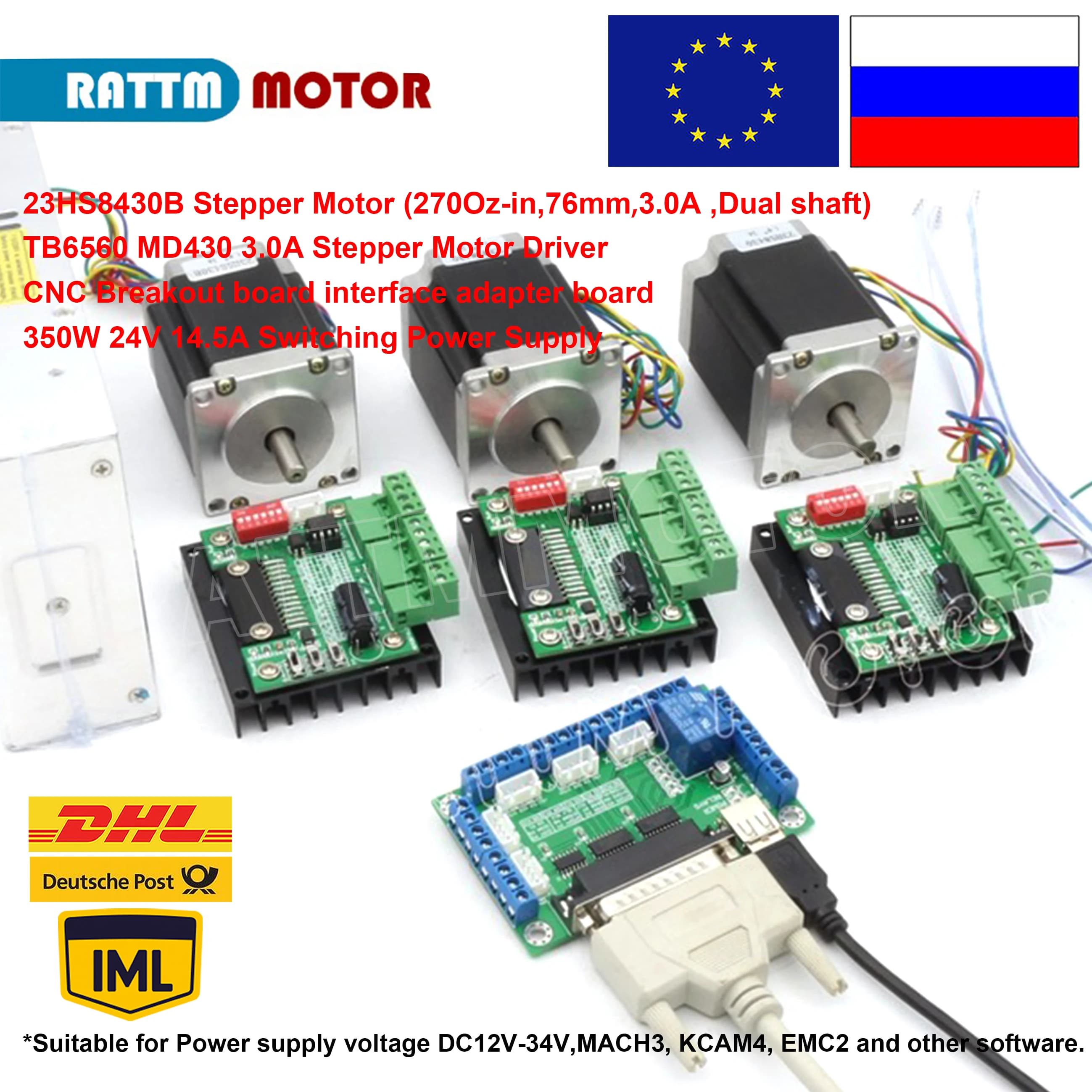 3 Axis CNC Controller Kit Nema 23 Stepper Motor (Dual Shaft) 76mm & MD430 Driver & 5 Axis Breakout Board & Power Supply