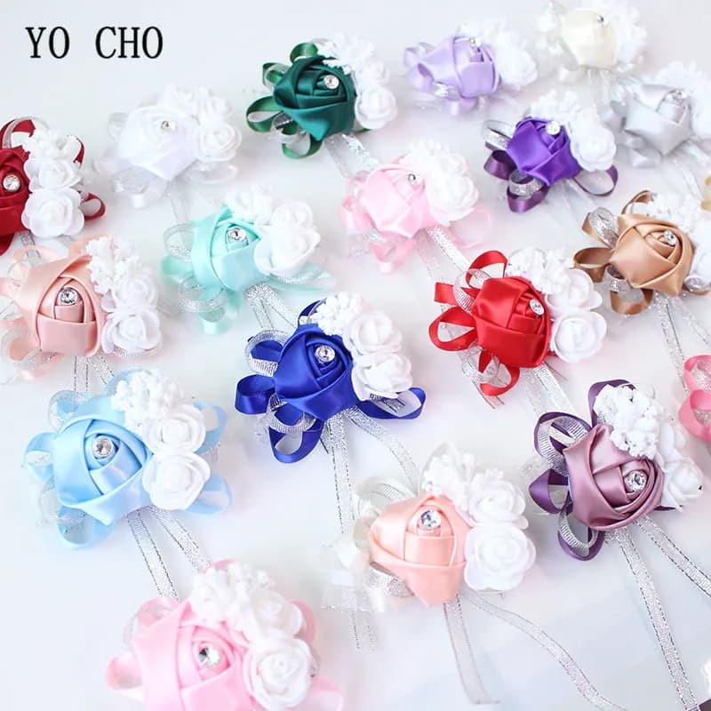 YO CHO Wrist Corsage Bridesmaid Bride Wrist Corsage Bracelet Supplies Silk Roses White Wrist Flower Marriage Wedding Accessories