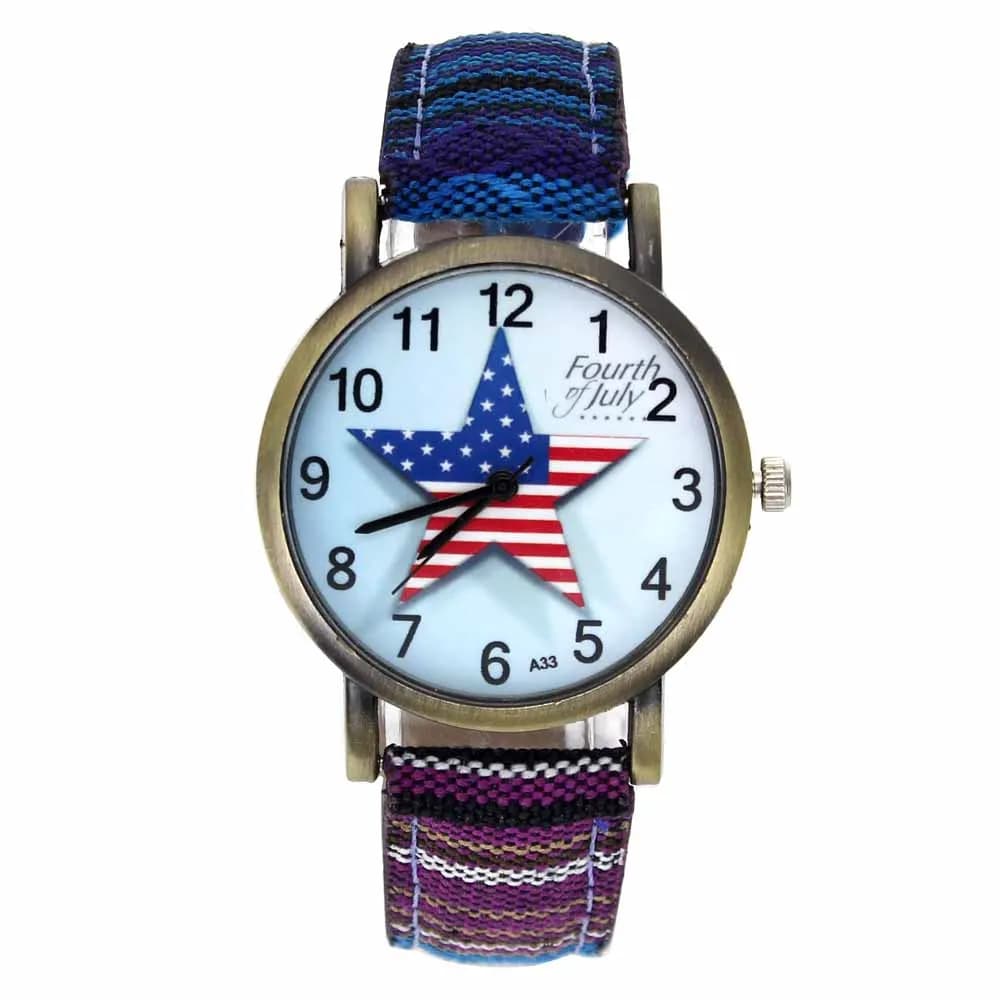 Pentagram Fourth of July Celebration USA Flag Fashion Accessories Stripes Denim Cloth Canvas Band Quartz Wrist Watch