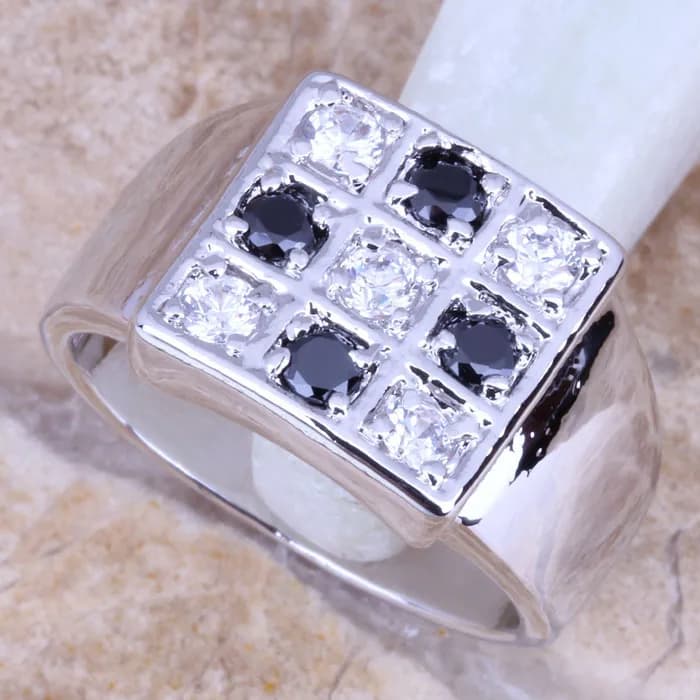 Fancy White CZ Black Cubic Zirconia Silver Plated Women's Ring Size 5.5 / 8 R0908