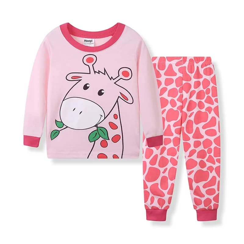 Giraffe Baby Girls Pajamas Suits 100% Cotton Girl's Sleepwear Long Sleeve Autumn Clothes Set 2-7 Year Pink Tee Shirts Trouser