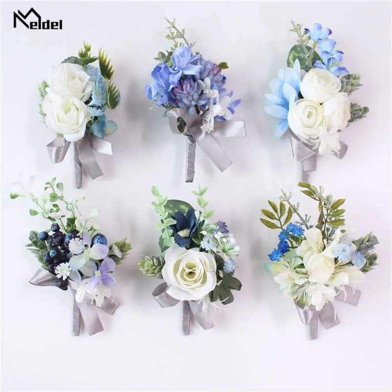 Meldel Corsage Bridegroom Boutonniere Lapel Pin Bride Wrist Corsage White Blue Rose Bracelet Wedding Party Personal Floral Decor