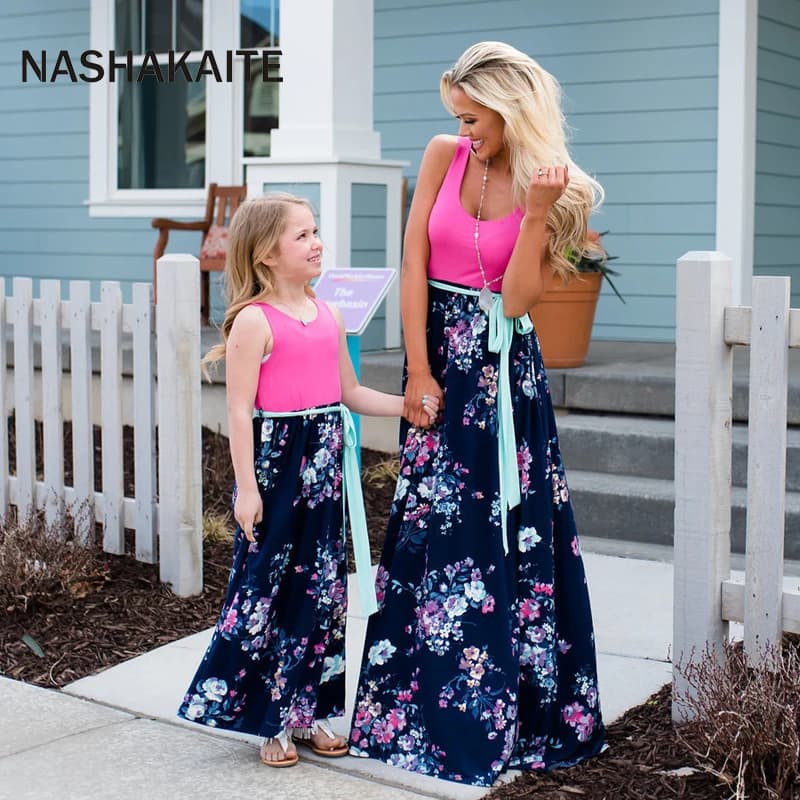 NASHAKAITE Mother Daughter Dresses Fashion Sleeveless Patchwork Floral Belt Long Dress For Mom and Daughter Mommy and me clothes