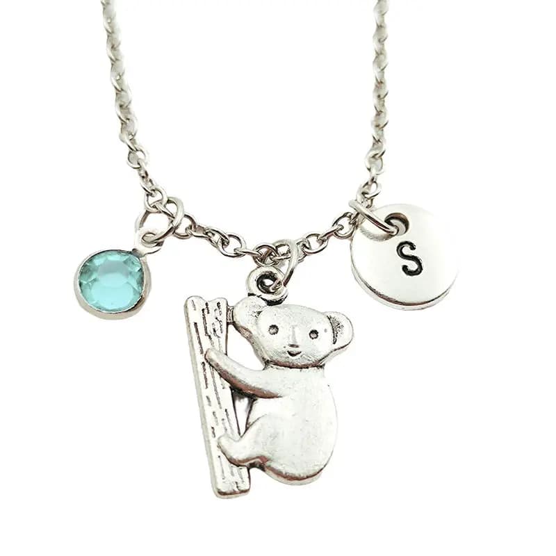 Koala Animal Creative Initial Letter Monogram Birthstone Necklace Fashion Jewelry Women Christmas Gifts Accessories Pendants