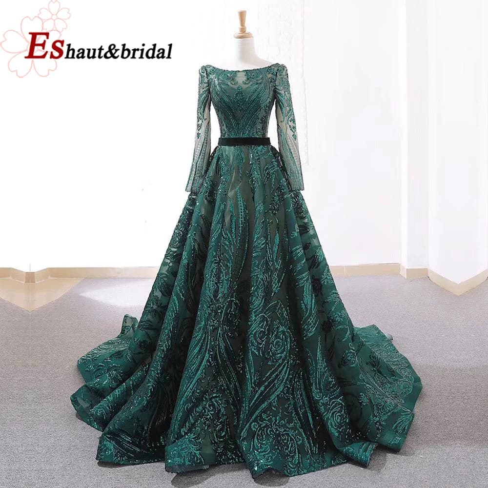 Dubai A-Line Luxury Wedding Evening Dress for Women Muslim 2025 Long Sleeves Sequin Plus Size Formal Prom Party Gown Customized