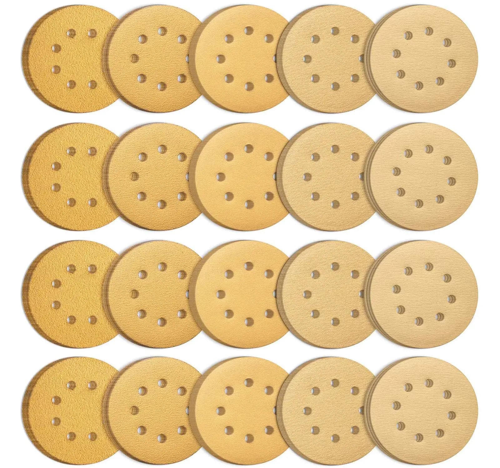 100Pcs 5 Inch 8 Holes Hook and Loop Gold Sandpaper Sanding Disc Aluminium Oxide 60 to 1000 Grits for Metal & Automotive Sanding