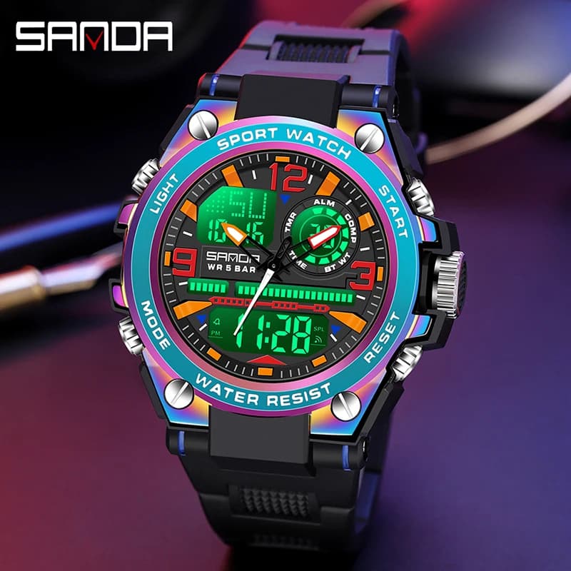 SANDA Top Brand Men Watch For Men Clock Dual Display Outdoor Military Sports waterproof Symphony bezel Men Watch