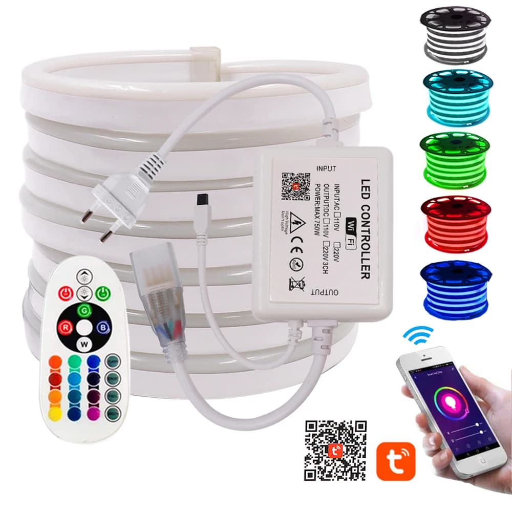 RGB Neon Strip Light Wifi Control 5050 Flexible LED Tape + 24Key Remote Waterproof Neon Sign Rope Light 110V 220V EU US AU UK