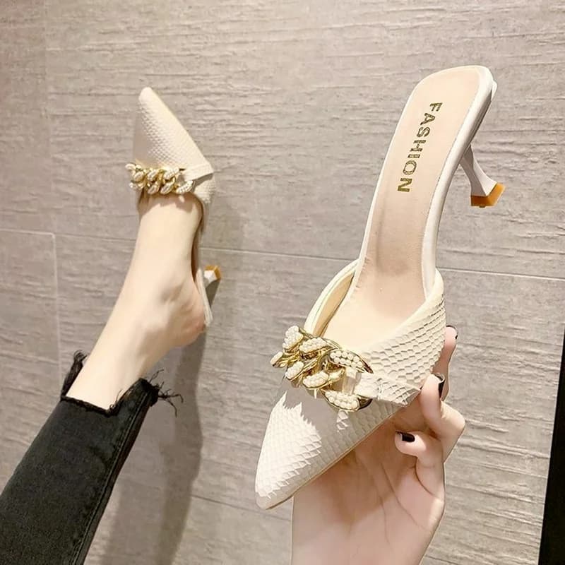 Women Summer Flip Flops Chain Pointed Toe Slippers Sandals Shoes Woman Casual Slides Mules Babouche Mujer Sexy High Heels