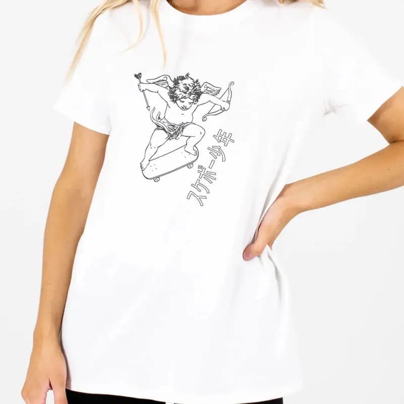 Skateboarding Cupid Women's T-Shirt Summer Female Streetwear Casual Oversized Tshirt Harajuku Cute Aesthetic Angel Print Top