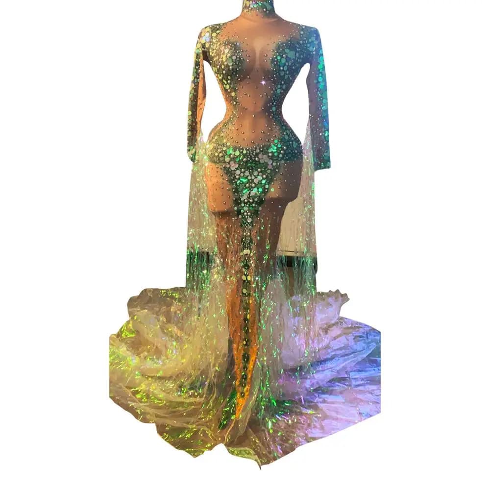 Designer Sparkling Rhinestone Sequins Party Mermaid Long Dress Women Stretch Nude Crystal Tassel Evening Dress Singer Stage Wear