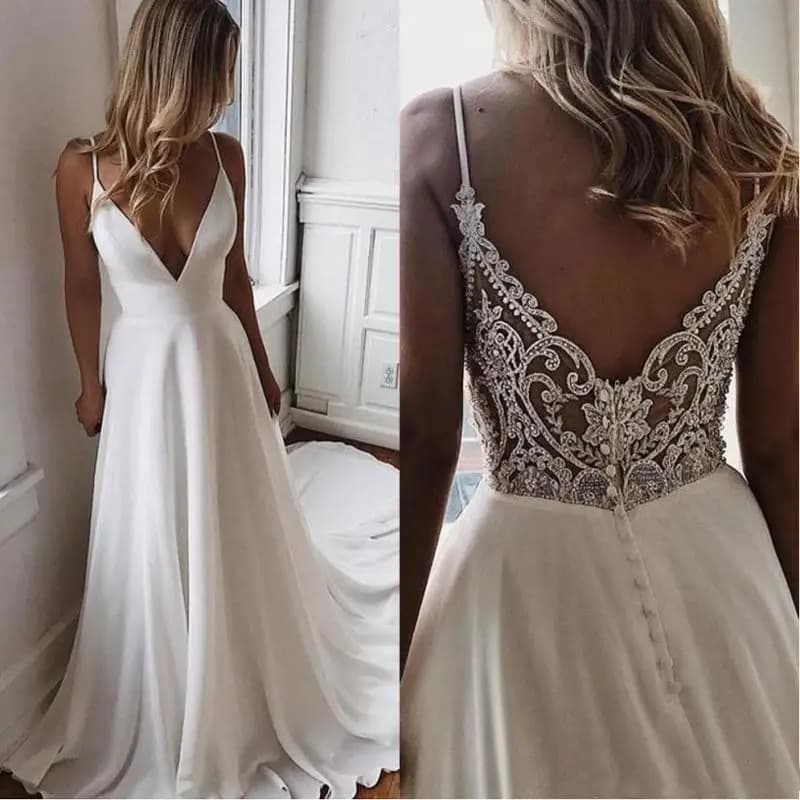 Modern Simple A Line Chiffon Beach Wedding Dresses Lace Boho Gowns Back Out Plunge V Neckline Beading Bride 2023