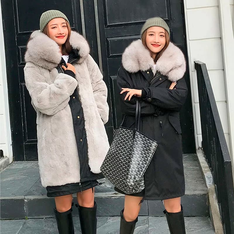 Winter New Waterproof parka Women Real Fur Coat X-Long Real Rabbit Fur Liner Fox Fur Collar Hooded Thick Warm Jackets