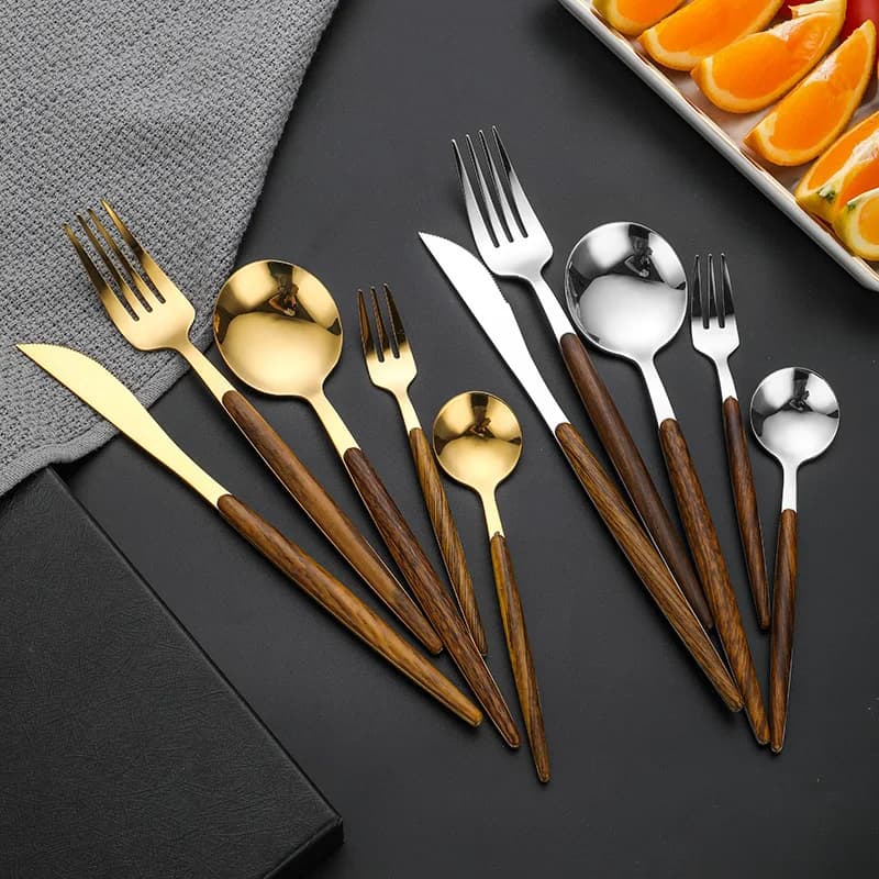 Eco Friendly Steak Knife Tableware Set Stainless Steel Wooden Handle Tableware Knife Fork Spoon Cutlery Home Banquet Tableware