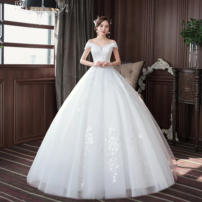 HMHS-83#Wedding Dress Embroidered Lace on Net Boat Neck Lace up Marry Dresses White Long Cheap Wholesale Ball Gown manufacturer