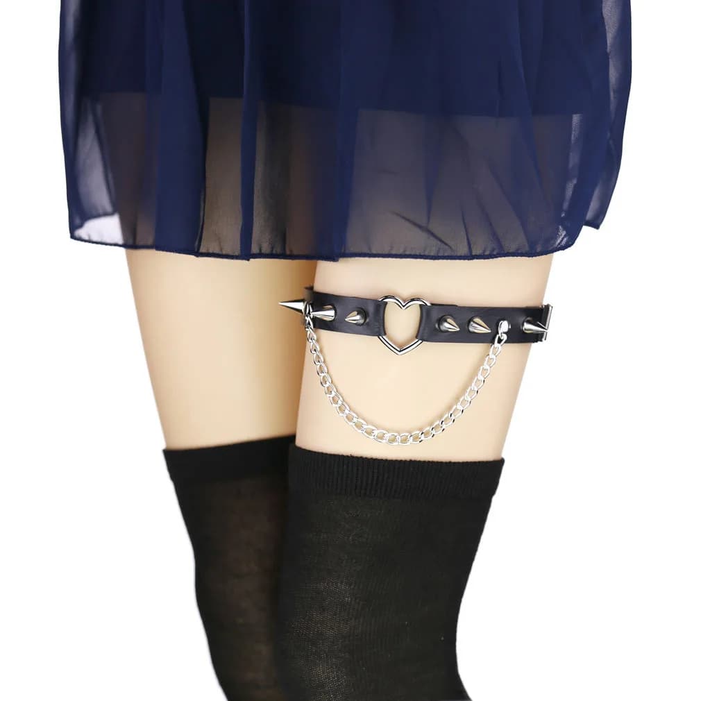 Black Spike Leg Garter Heart Leg Chain Harness For Girls Elastic Body Jewelry Punk Rock Festival Rave Accessories