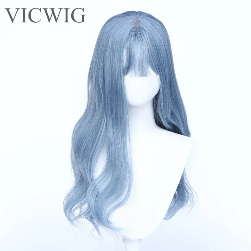 VICWIG Synthetic Wigs Wave Mixed Haze Blue long Wig for Women Heat Fiber Hair Cosplay Wig with Bangs