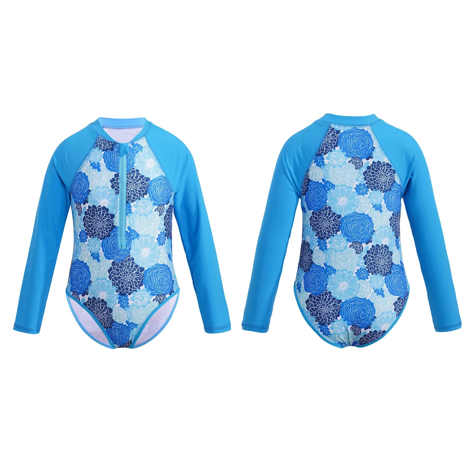 Kids Girls Swimwear Gymnastics Leotard One-piece Long Sleeves Palm Printed Zippered Swimsuit Swimwear Bathing Suit Rash Guard