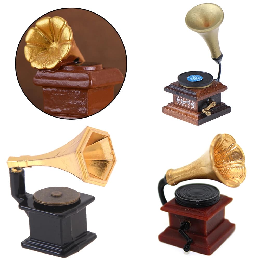 1:12 Mini Phonograph Accessories Retro Gramophone With Record Diy Miniature Doll House Furniture Dollhouse FurnitureMiniature