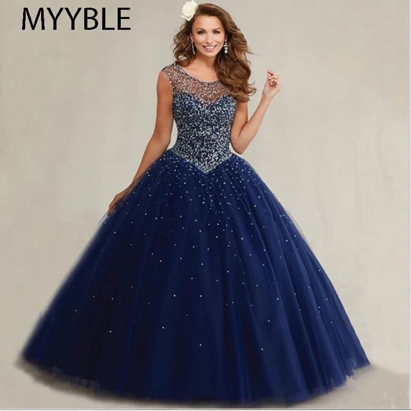 Customized Plus Size Masquerade Ball Gowns Puffy Sweet 16 Navy Blue Quinceanera Dresses Pearls Sparkly Luxury Crystals Backless