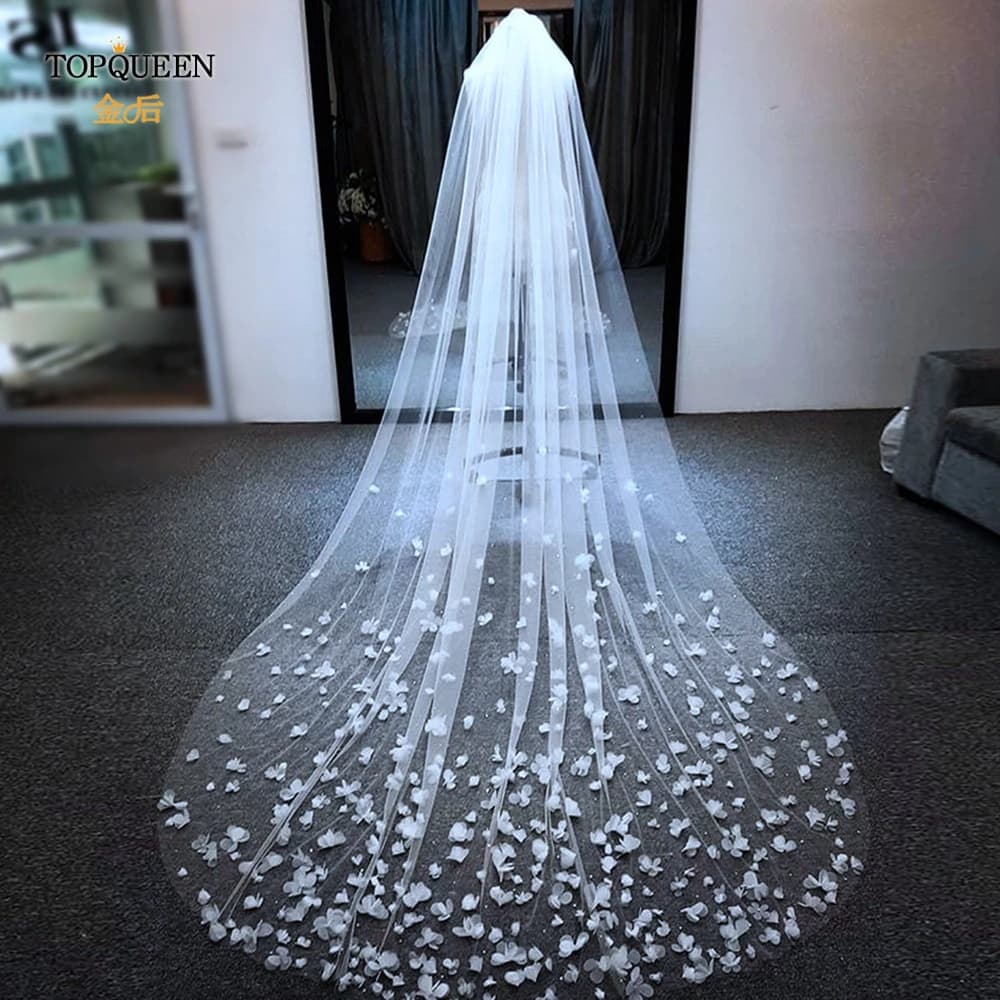 TOPQUEEN V20s 3D Flowers Wedding Veil Luxurious Bridal Veils Wedding Long Veu Bride 5 Meters Cathedral Drop Veil Pure White VEIL