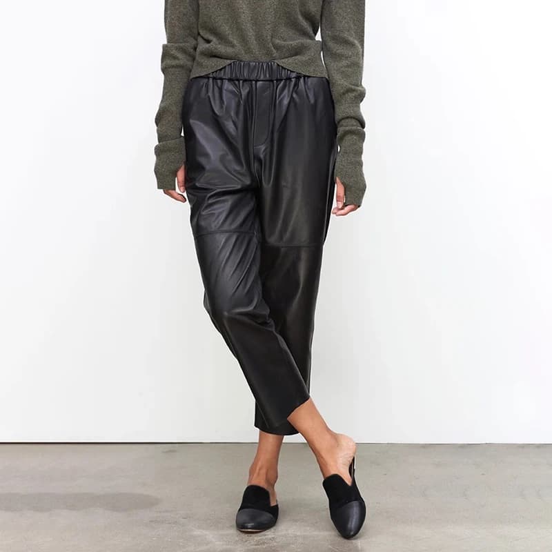 Women's Sheepskin Pants, Leather Harem Pant, High Waist, Ankle Length, Casual, Spring and Autumn