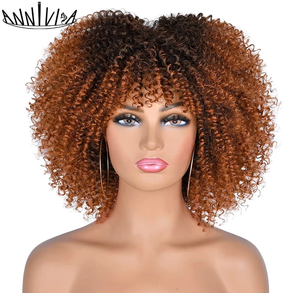 Short Hair Afro Kinky Curly Wigs With Bangs African Synthetic Ombre Cosplay Wigs For Black Women High Temperature
