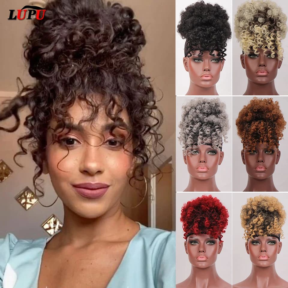 LUPU Synthetic Fake Hair Bun Hairpiece Hair Afro Chignon Scrunchies With Bangs Drawstring Ponytail For Black Women