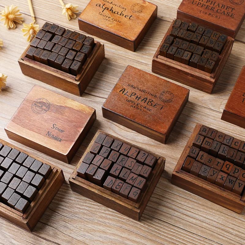 Journal Go 28pcs Alphabet Number Week Stamps Vintage Wooden Letter Stamp Set for Craft Card Making Planner Scrapbooking Journals