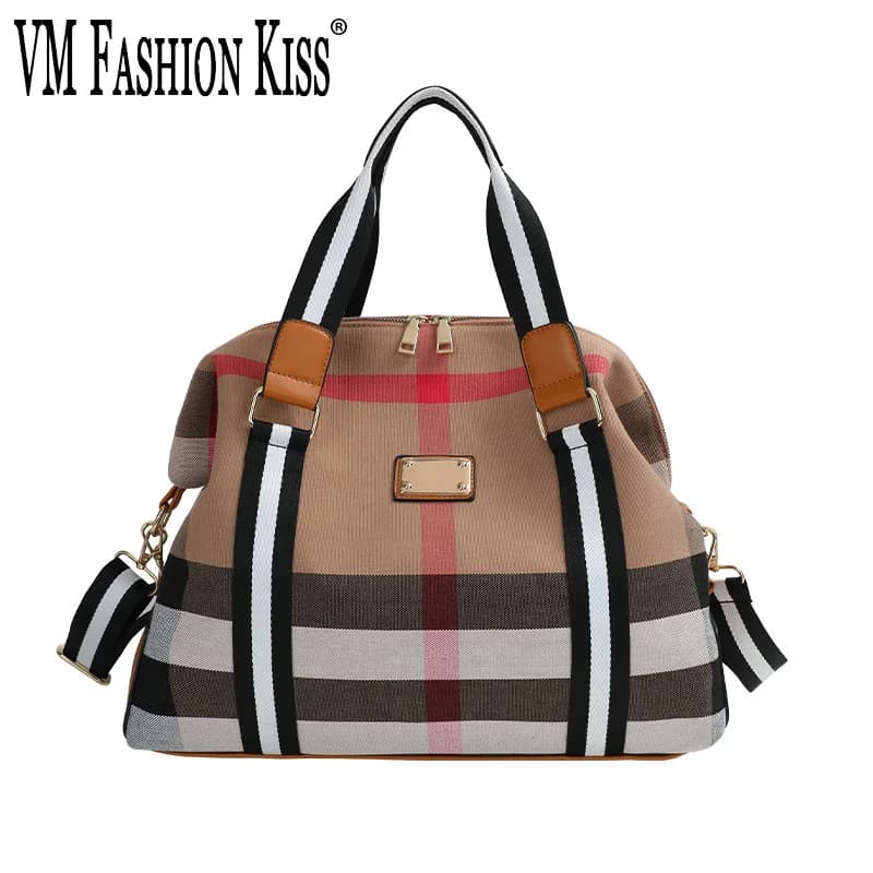 VM FASHION KISS Luxury Plaid Canvas Women Handbags Purses Shoulder Bags Designer Bag Female Striped Large Lady Messenger Bags