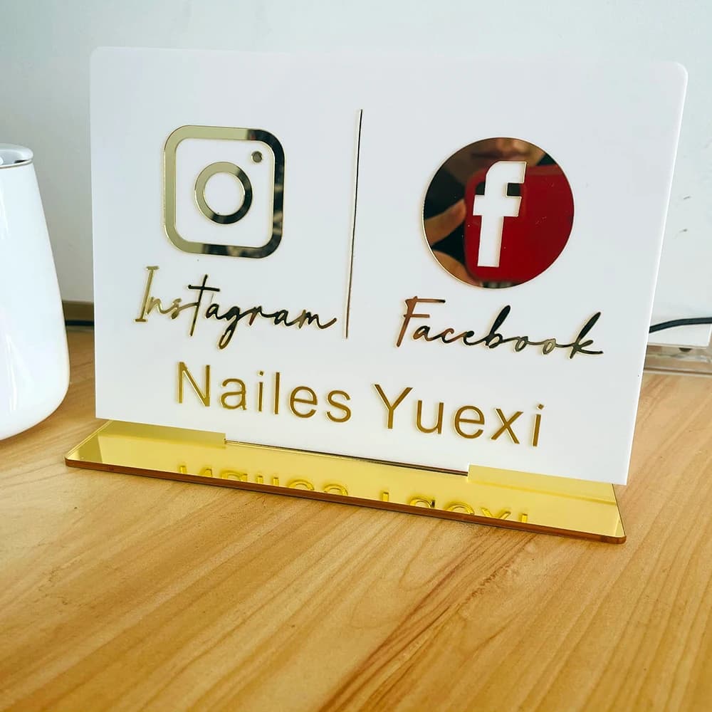 Custom Instagram Facebook White Table Sign Personalized Mirror Gold Acrylic Laser Cut Twitter YouTube Shop Store Sign with Base