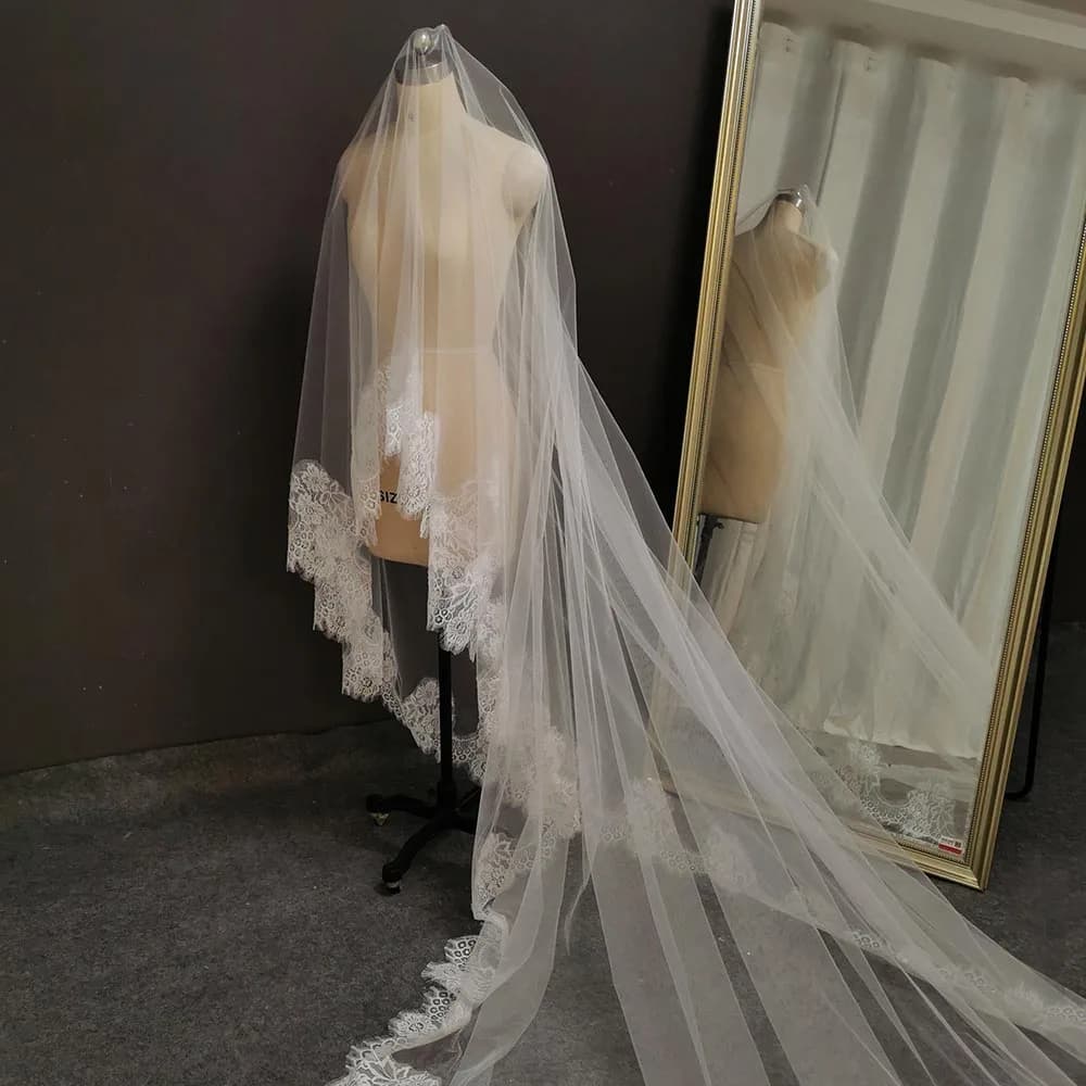 Customized Elegant Eyelash Lace Wedding Veil 3m/3.5m/4m Long One Layer Bridal Veil WITHOUT Comb Romantic Ivory Veil for Bride