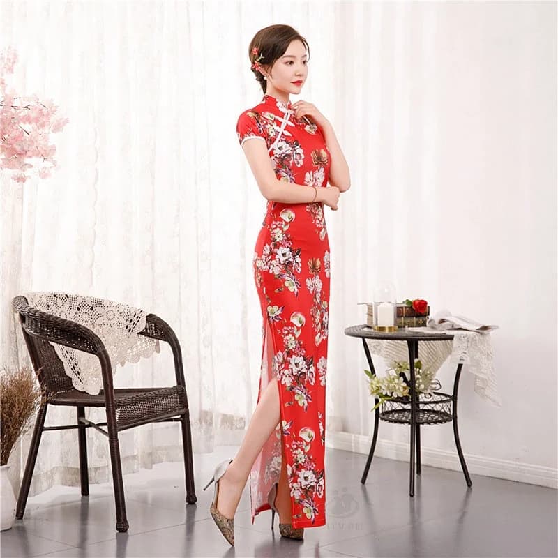 New Women Long Cheongsam Dress Floral Slim Vintage Dresses Summer Thin Sexy Qipao S To 4XL Green Red