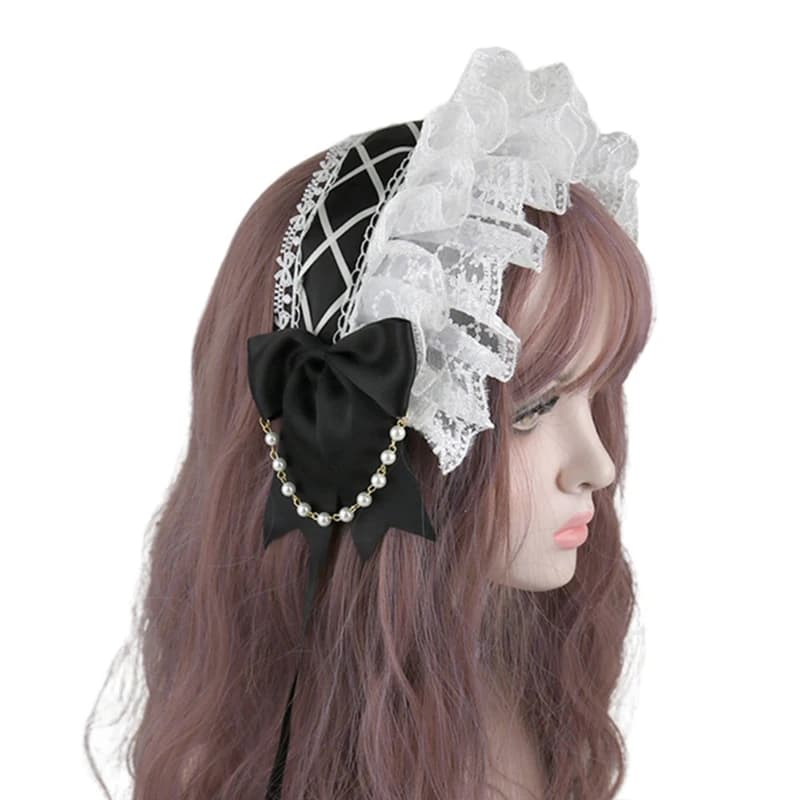 Ruffled Lace Headpiece Headband Japanese Style Crisscross Ribbon Pearls Maid Headdress Vintage Lolita Dress Accessories for Girl