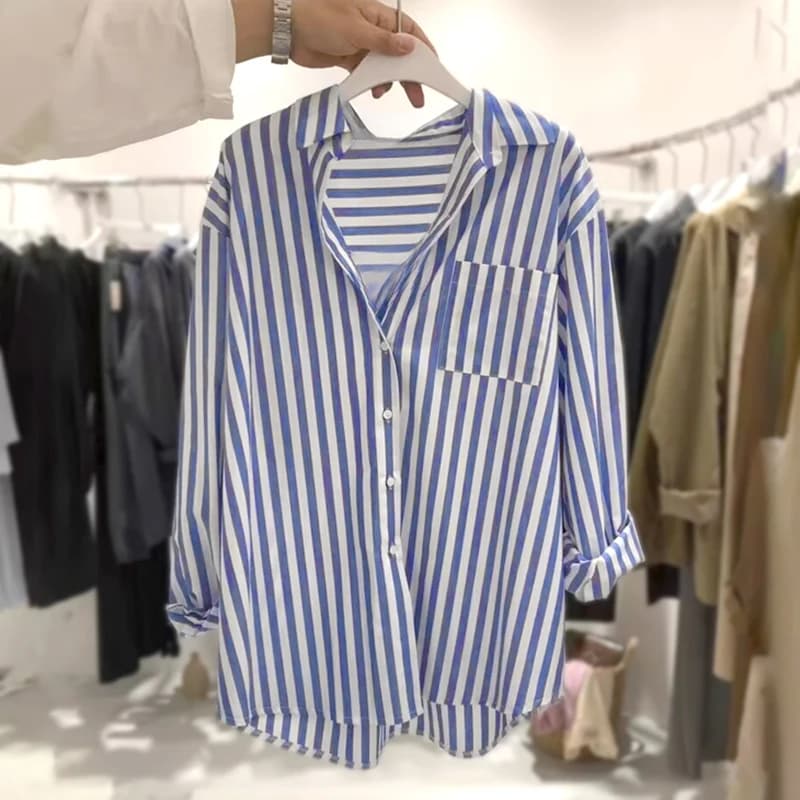 2025 Autumn New Korean Style Loose Casual Free Size Small Fresh Vertical Blue Striped Long-Sleeved Shirt Ladies With Coat Blouse