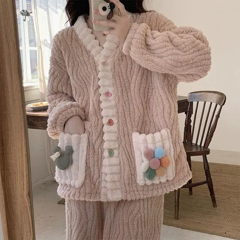 Flannel Pajamas Set Women Winter Warm Single Breasted 2 Piece Sets Long Sleeve Sweet Elegant Hairy Loose Warm Home Clothing