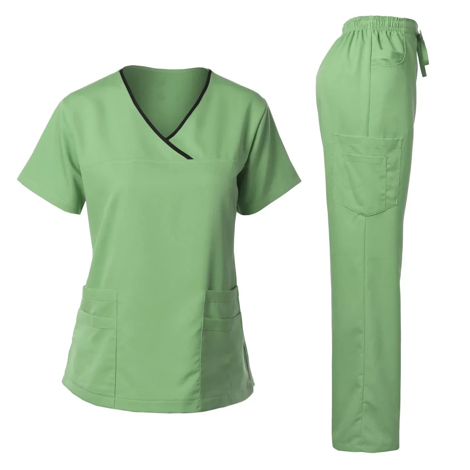 Medical Uniform Trendy Women's Scrub Set Stretch Soft Y-Neck Top Pants Hospital Pet Clinic Doctor Costume Contrasting Colors