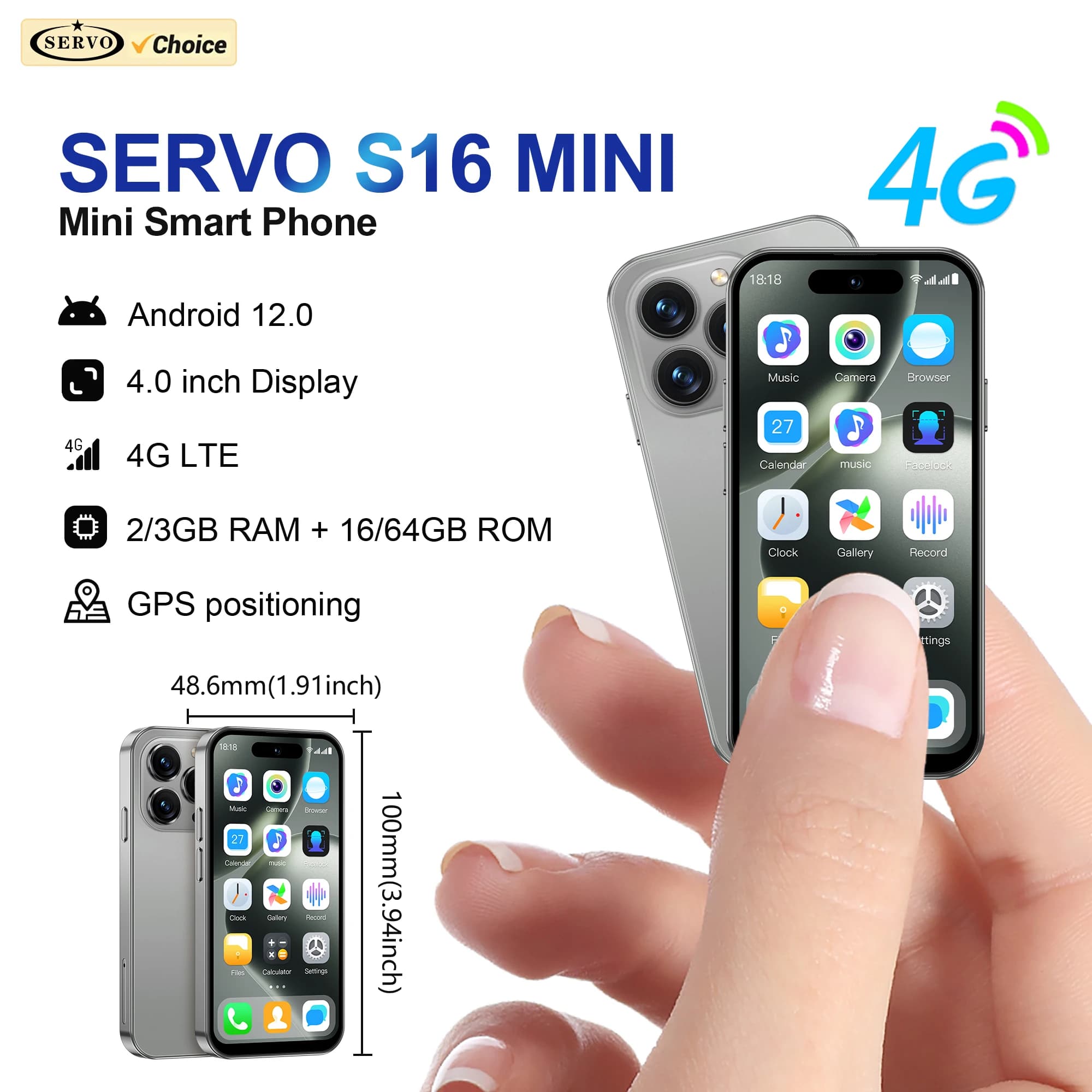 SERVO S16 MINI Android Pocket Smartphone 4G LTE 16GB/64GB ROM Play Store WhatsAPP WiFi Hotspot Dual SIM 4.0" Display Small Phone