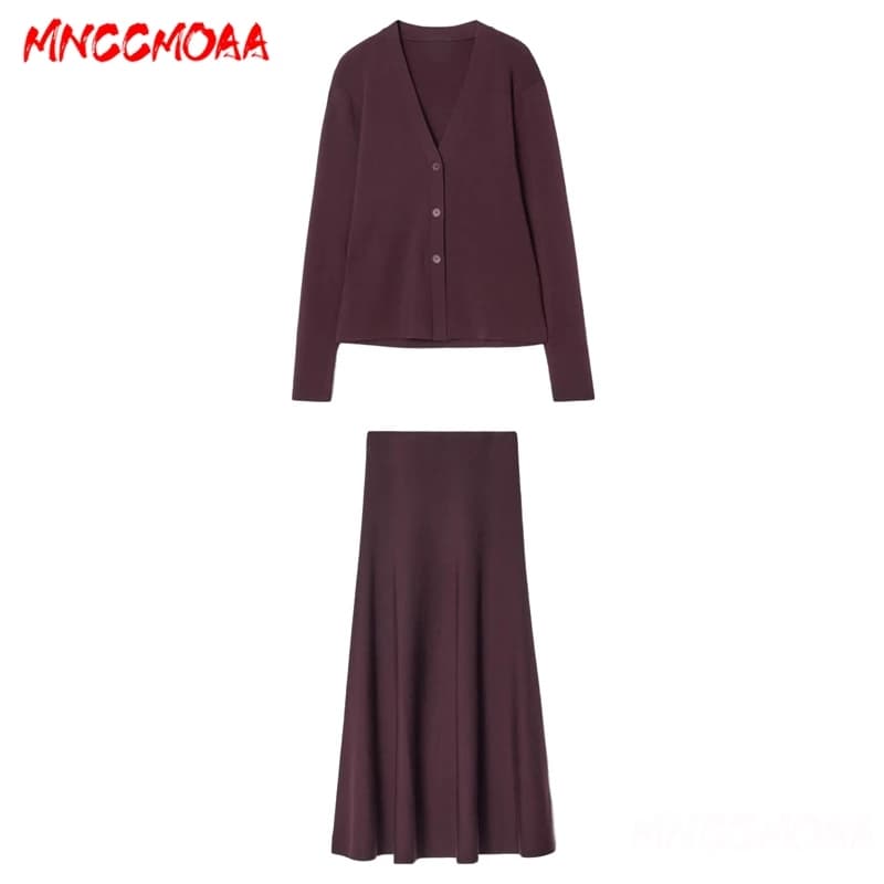 2024 New Autumn Winter Women Skirt Set Fashion Knitted V Neck Cardigan + High Waist Skirt Two Pice Set Female Knit Suits