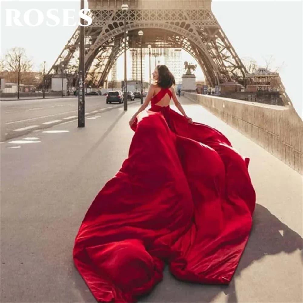 ROSES Red Elegant Stain Prom Dress Sleeveless Formal Gown Backless Trumpet V-Neck Pleats Party Dress for Woman 프롬 드레스 Customized