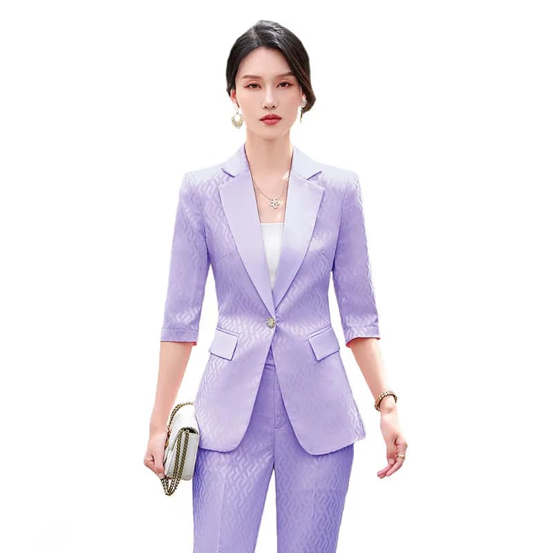 Spring Summer Purple Pink Ladies Blazer Pant Suit Women Female Business Work Wear Solid Jacket and Trouser 2 Piece Set
