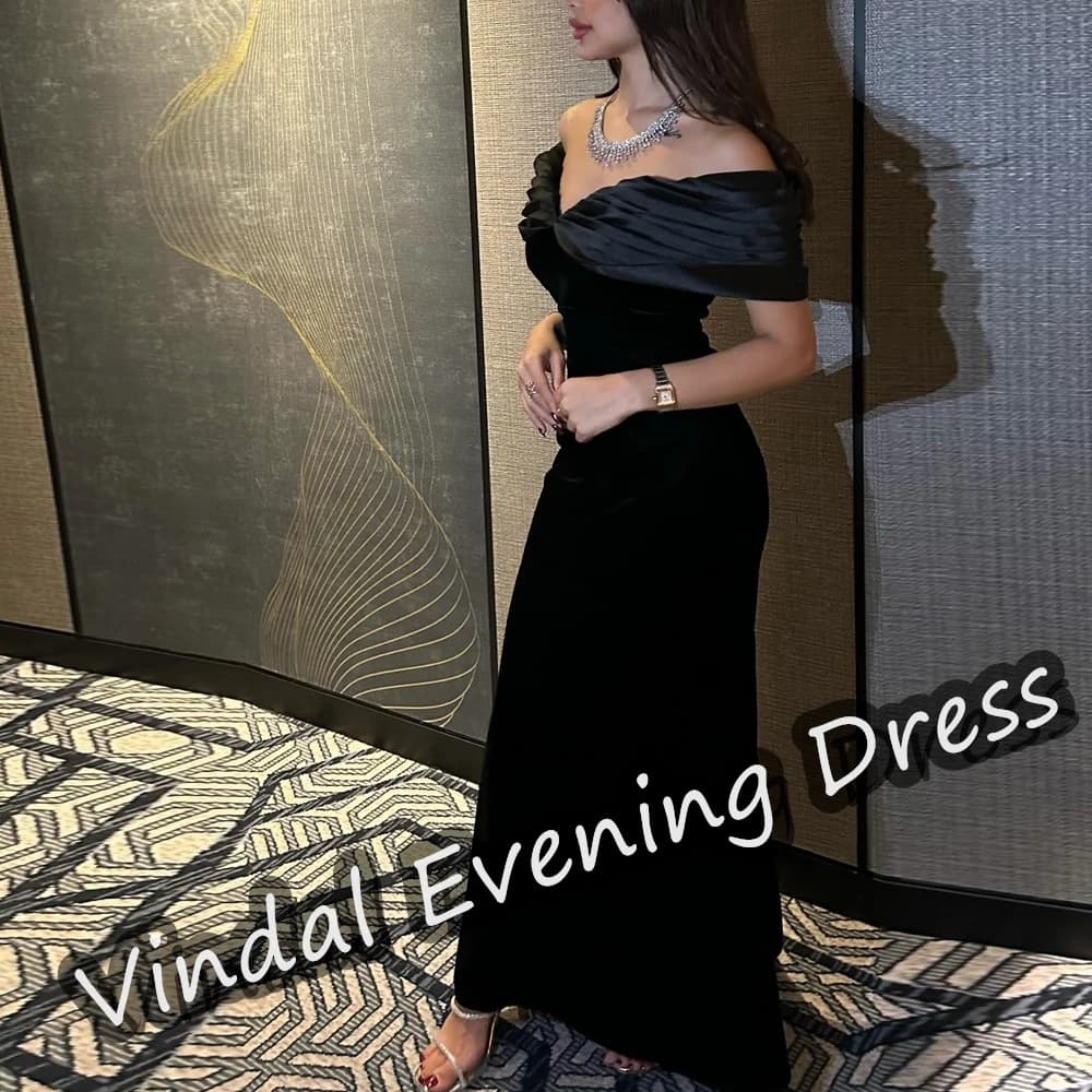 Vindal Evening Dress Off-the-shoulder Ankle Length Empire Elegant Built-in Bra Velour Short Sleeves Saudi Arabia For Woman 2024